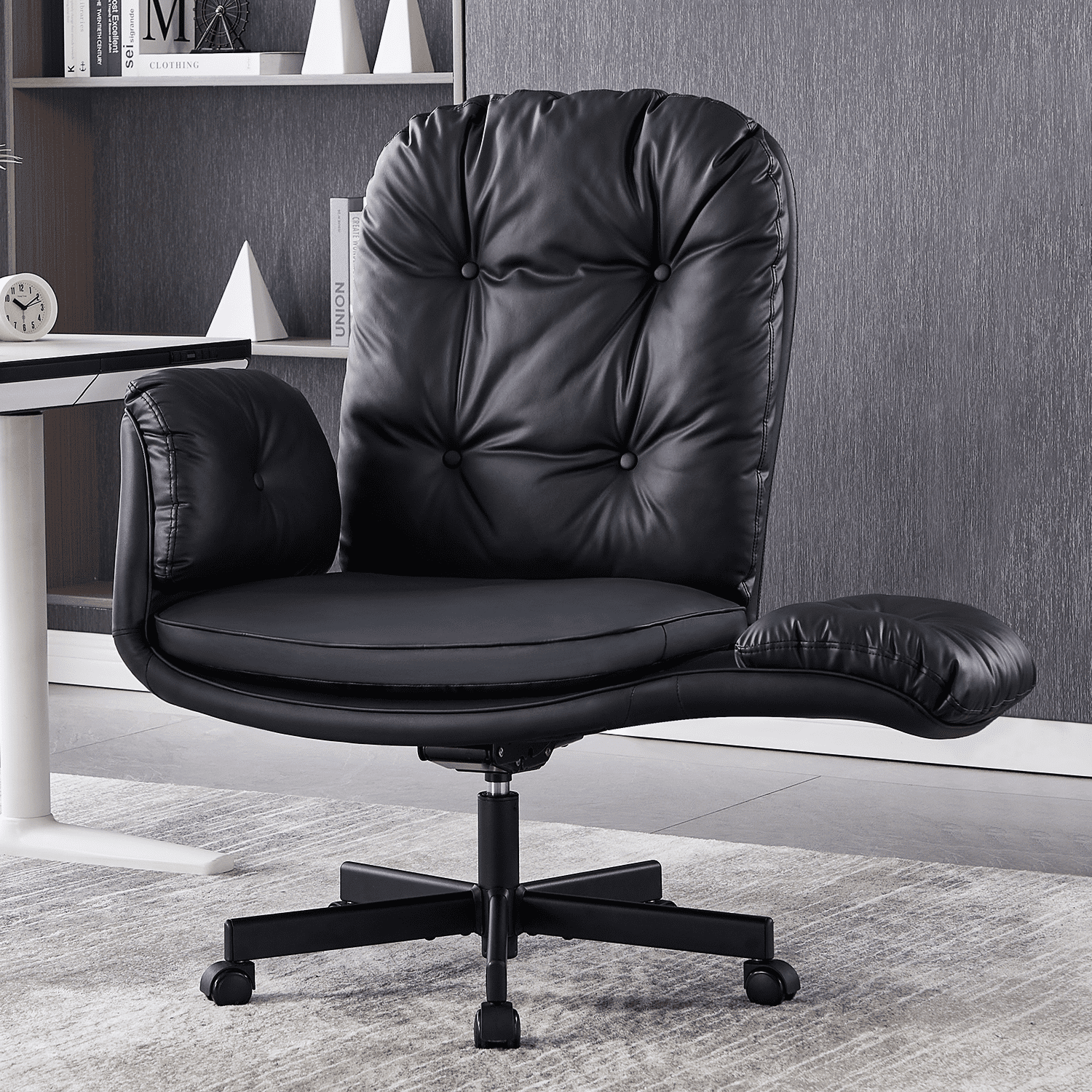 TMV PU Leather Office Chair Criss Cross Chair,Vanity Chair with Armrests & Wheels for Cross-Legged,Adjustable Swivel Desk Chair Wide Rolling Chair for Adults,Black