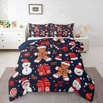 Manfei Child Gingerbread Man Full Size Comforter Sets, Navy Red Cartoon Bedding Comforter Set, Kawaii Christmas Snowman Reversible Bedding Sets, Breathable Home Decor, 3pcs