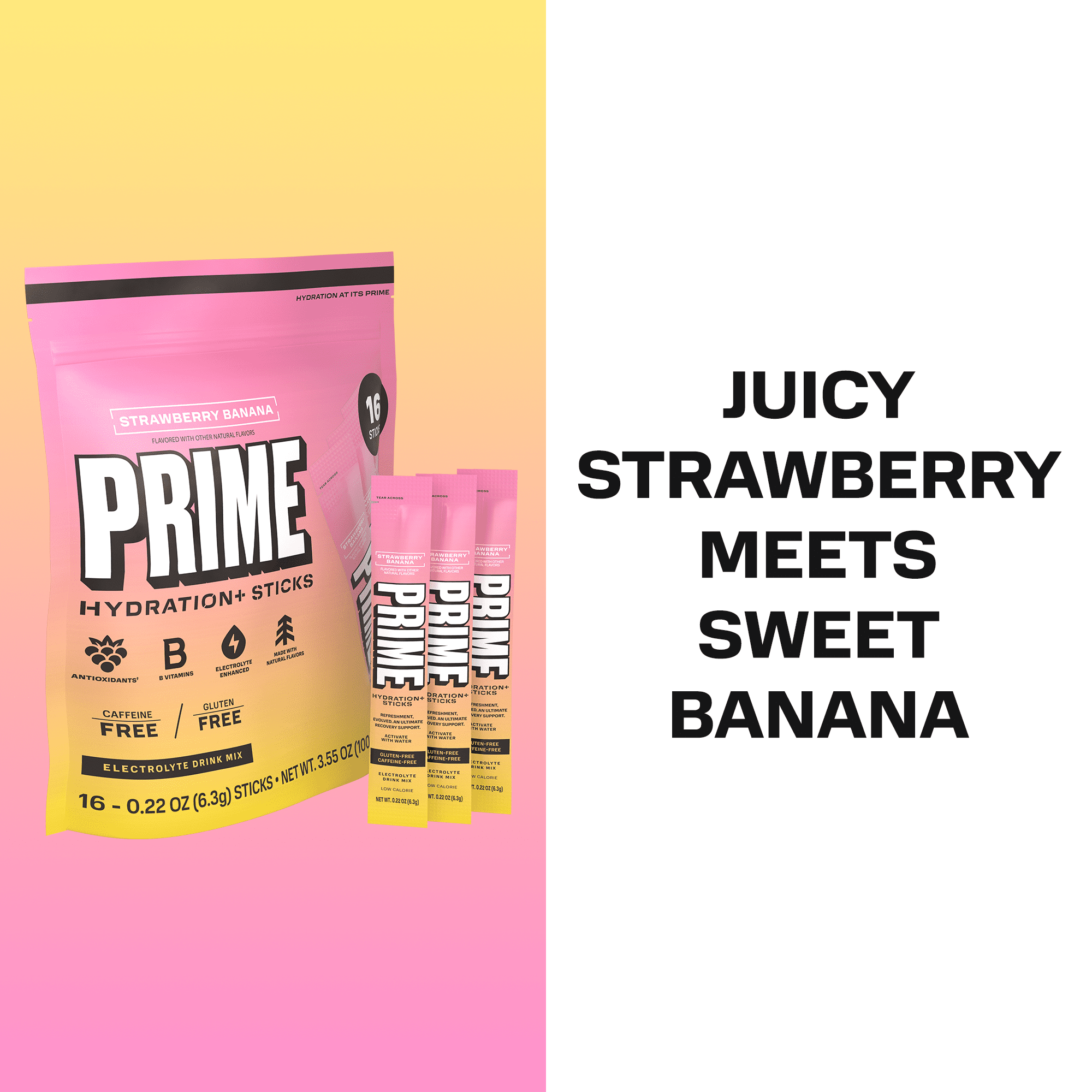 PRIME Hydration+ Strawberry Banana Electrolyte Powder Sticks, Sugar Free, 16 Count