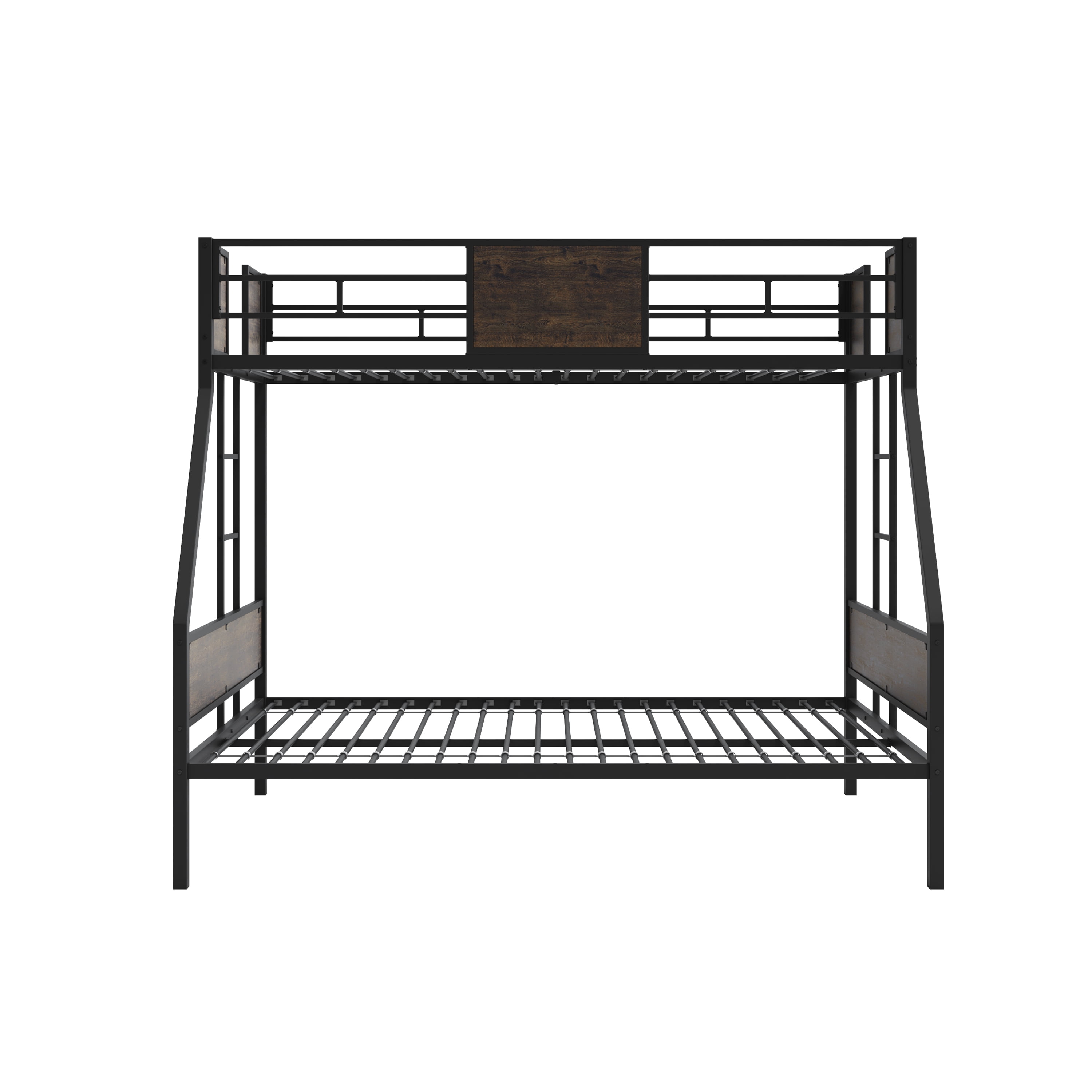 Bunk Bed with Trundle, Twin Over Full Bunk Bed - Metal and Wood Frame with Safety Guardrail and 2 Ladders, Includes Protective Board Supports, Space Saving Design, Easy Assembly, Brown