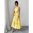 thumbnail image 5 of Yellow Watercolor Floral Print Halter Neck Smocked Waist A-Line Maxi Dress For Women, 5 of 6