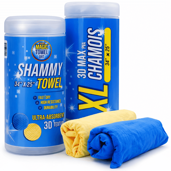 The Cleaning Magic Towel PVA Chamois Car Drying Cloth 2-Pack 34x25 in Extra Large Yellow Blue Lint-Free Machine Washable