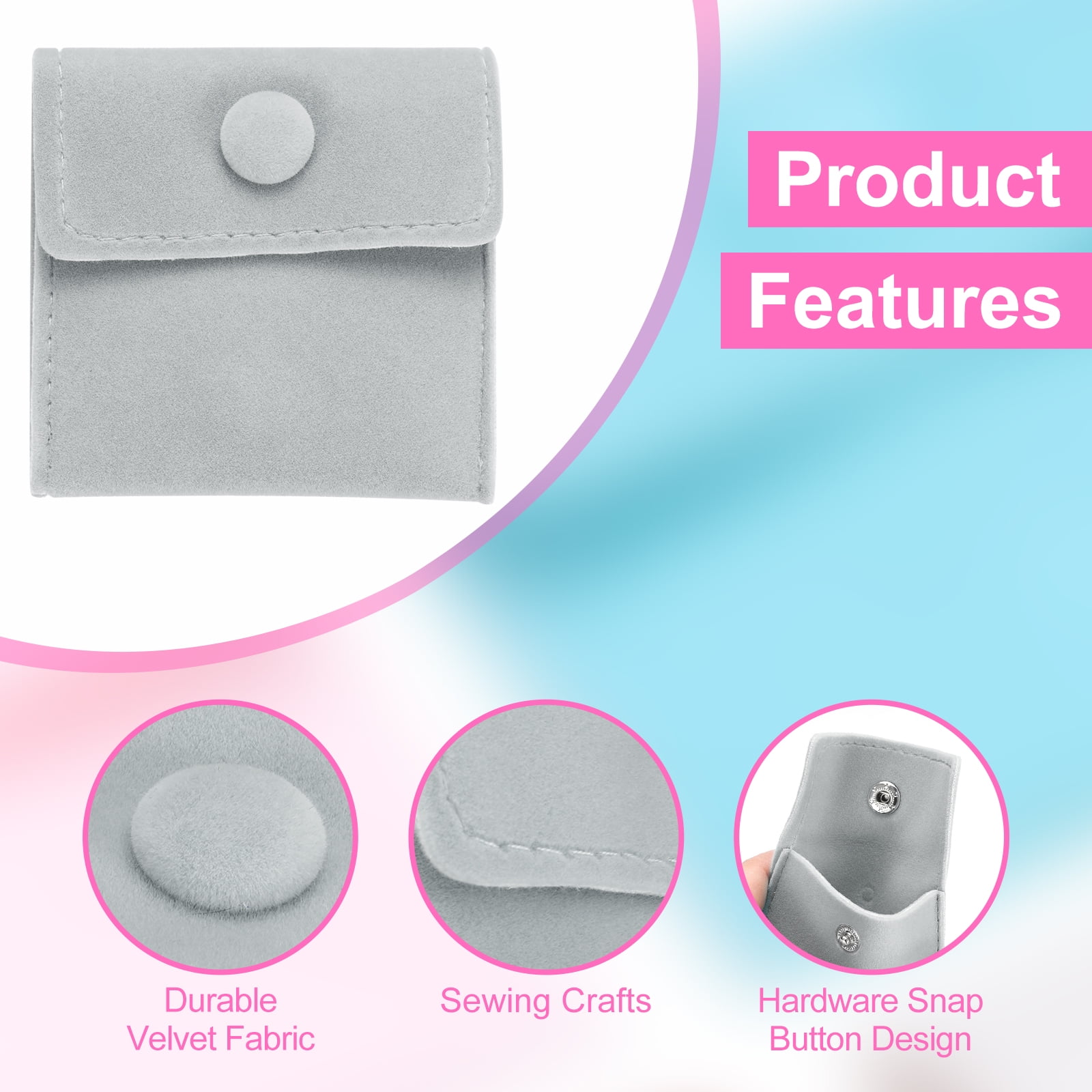Unique Bargains Velvet Jewelry Pouches with Snap Button Jewelry Storage Bags 20Pcs Gray