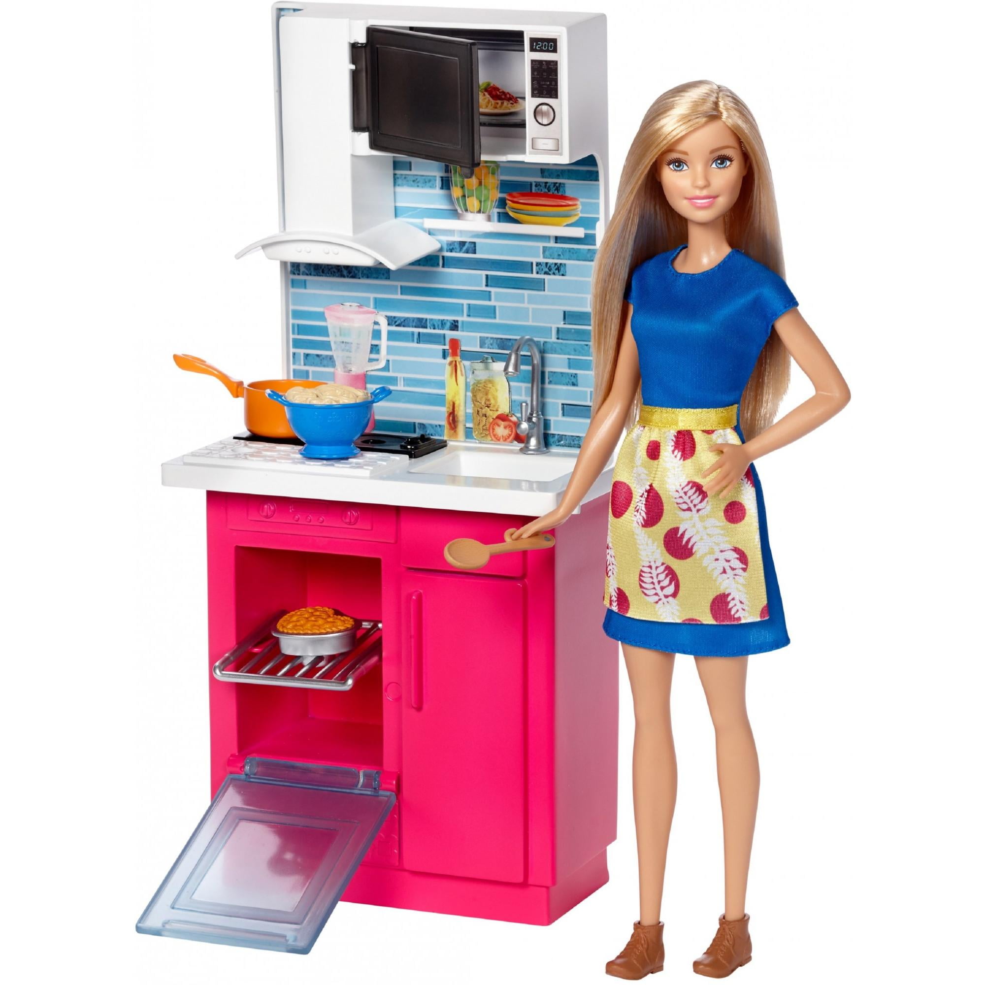 doll with kitchen set