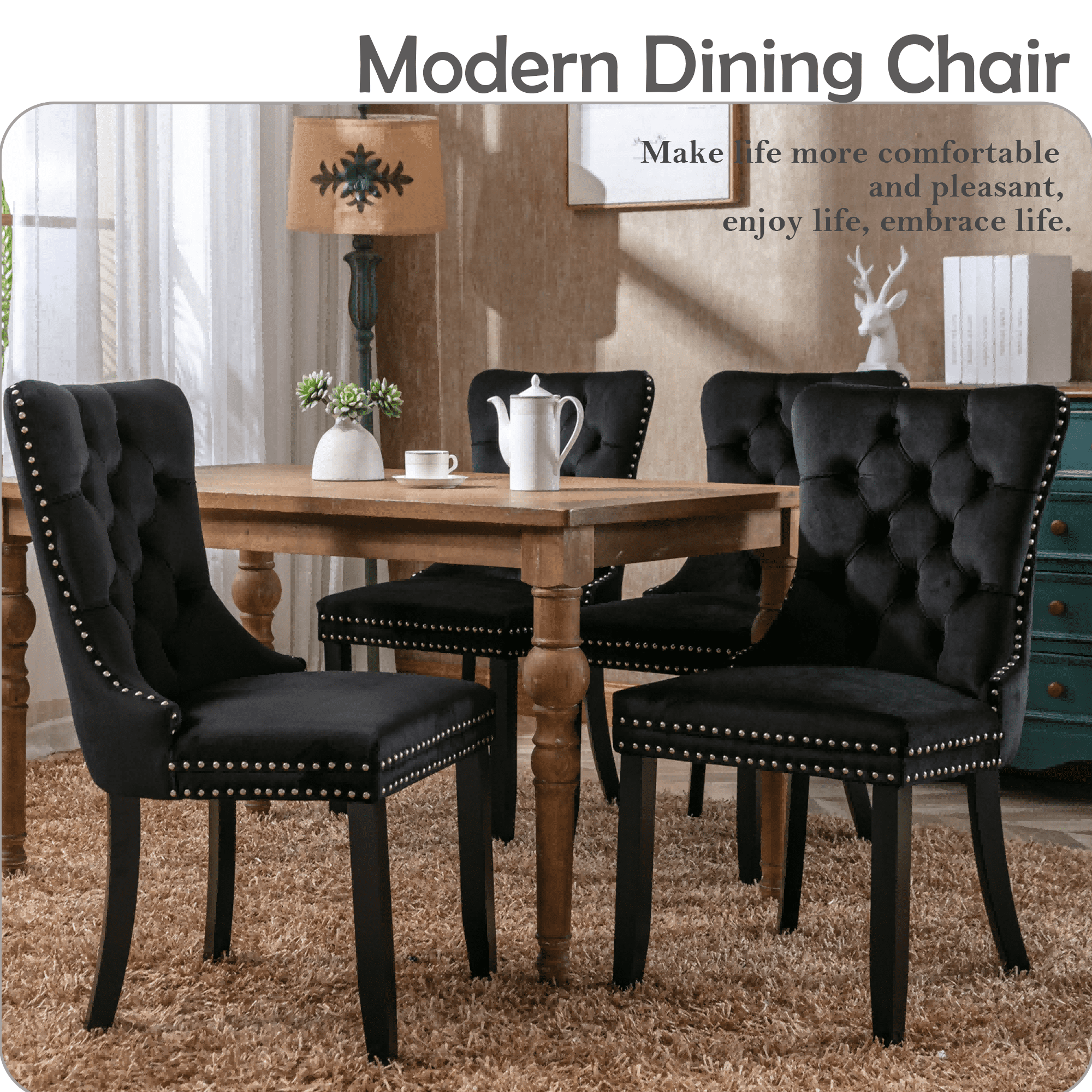 Velvet Tufted Dining Chairs Set of 6, Upholstered Accent Chairs with Solid Wood Frame for Kitchen & Dining Room