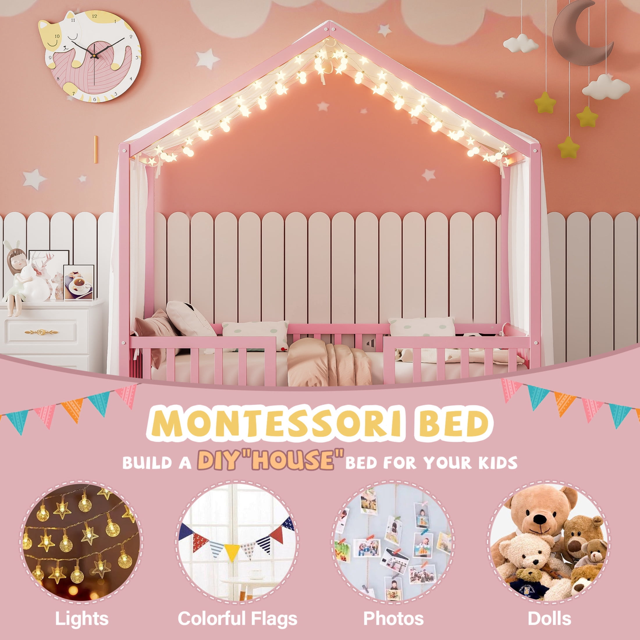 Noble House Twin Floor Bed with Canopy and Guardrails, Wood House Bed Frame for Kids, Pink