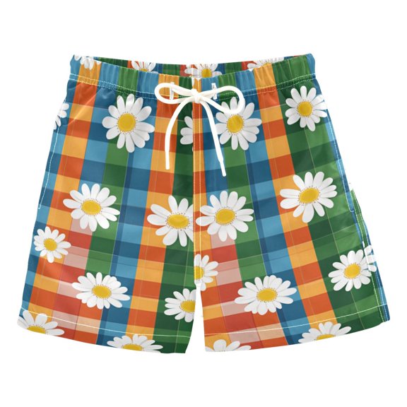 FORMRS Boys Swim Trunks Quick Dry Mesh Liner Boardshorts Sizes XS-XL, Green Checkered Daisy