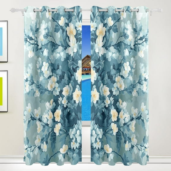 Blue and White Floral Art Blackout Curtains for Living Room Bedroom 55W x 72/84L Insulated Window Drapes 2 Panels