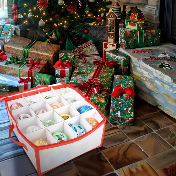 Caja de almacenamiento para 32 adornos navideños, transparente, de PVC, con compartimentos y cremallera, para adornos de árbol y decoración del hogar, color rojo, una sola pieza. Rkxzt