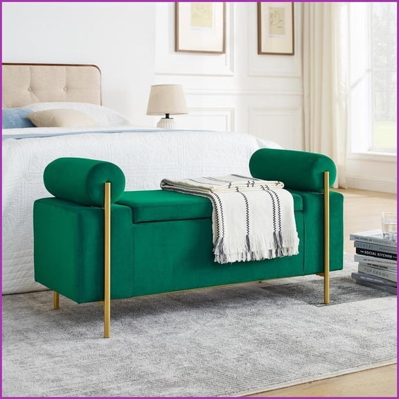 Velvet Storage Bench with Cylindrical Arms & Iron Legs for Living Room | Green | Foam