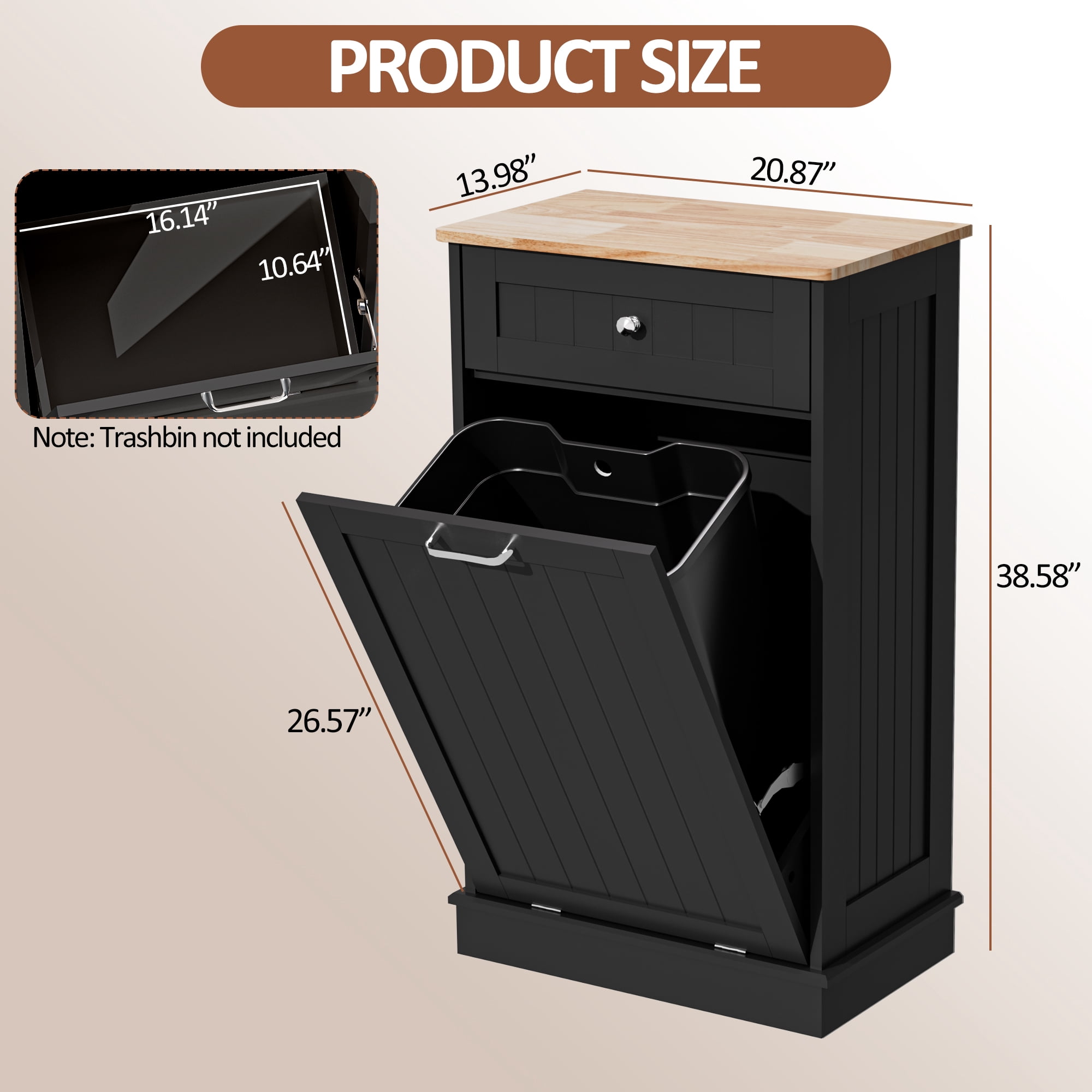 AHB 13 Gallon Single Tilt Out Trash Cabinet with Drawer, Freestanding Kitchen Trash Can Storage Organizer, 20.9"L x 13.55"W x 38.5"H, Black