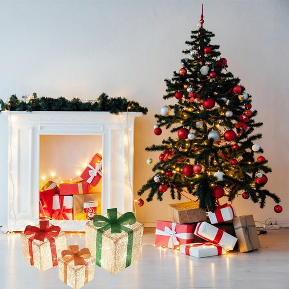 EWASWON Christmas 3PCS Silver Foldable Christmas Gift Box Lights, LED Luminous Decor with Ribbon, Indoor Outdoor Xmas Tree Yard Decorations, Warm White Lights