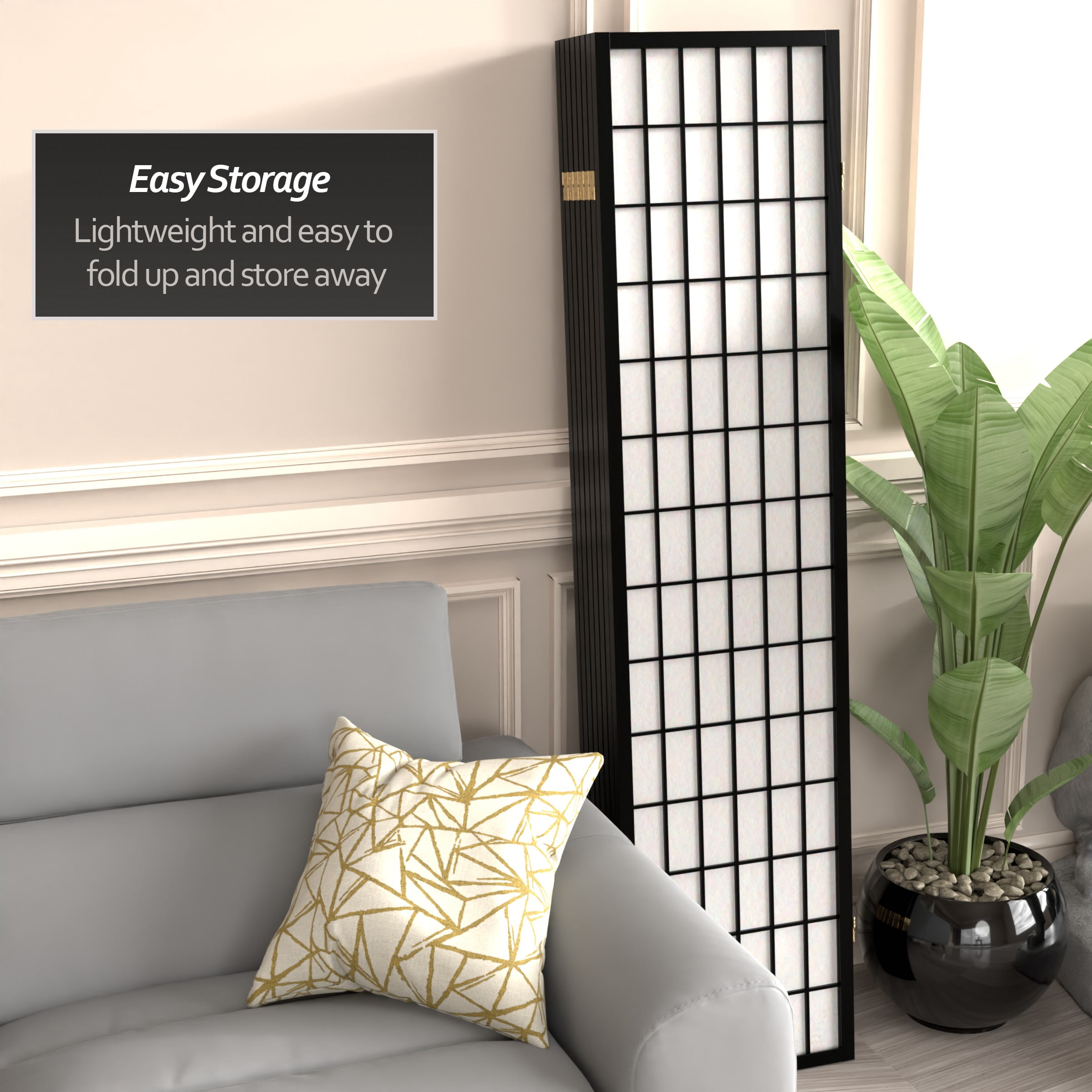 6 ft. Tall Window Pane Shoji Screen - Black - 8 Panels