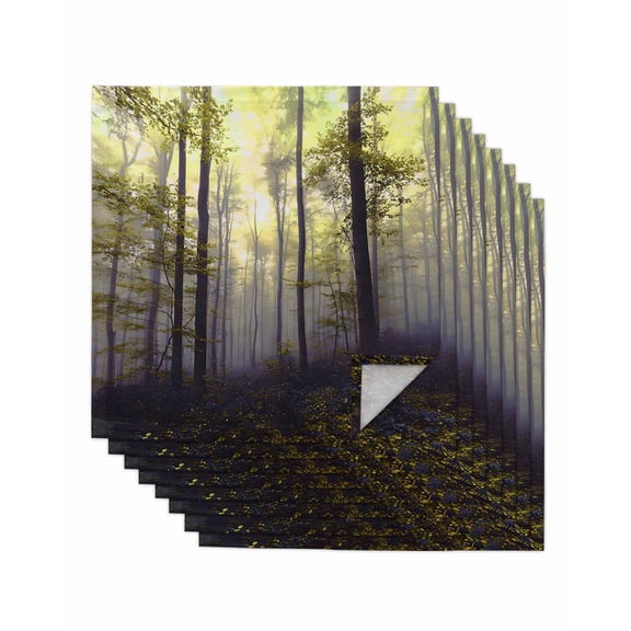 Yellow Forest Cloth Napkins Set of 8 Reusable Dinner Napkins, Vintage Foggy Woods Tree Cocktail Napkin Washable Table Napkins for Wedding/Holiday Party/Baby Shower 20"x20"