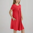 thumbnail image 4 of BRGZLK Girl's Summer Dresses Cute Solid Color Short Sleeve Round Neck Pleated Front Swing Flowy Midi Dress with Pockets Red 12-13 Years, 4 of 6