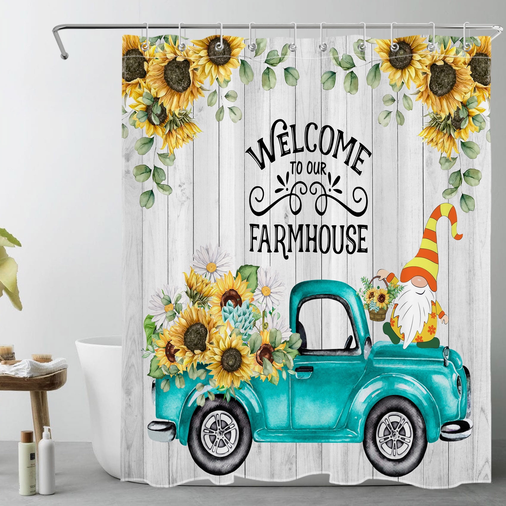 HVEST Fall Sunflower Shower Curtain, Yellow Flowers and Gnome on Retro Teal Truck Bathroom Shower Curtain Farm Grey Plank Polyester Fabric Decor Curtain with Hooks, 60X72 inch
