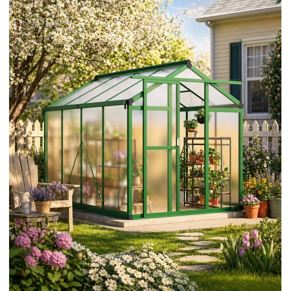6x8 FT Greenhouse for Outdoors, Large Aluminum Greenhouses with Adjustable Roof Vent, Heavy Duty Greenhouse with Ground Nails, Walk-in Green Houses for Outside Garden, Backyard, Patio