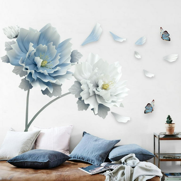 23X35In 3D Large White Blue Flower Lotus Butterfly Removable Wall Stickers Wall Art Decals Mural Art For Living Room Bedroom Home Decor