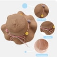 thumbnail image 3 of 50-54cm head circumference summer girls wave edge straw hat sunscreen hat sun hat bow hairball beach hat with windproof rope - Khaki, 3 of 5