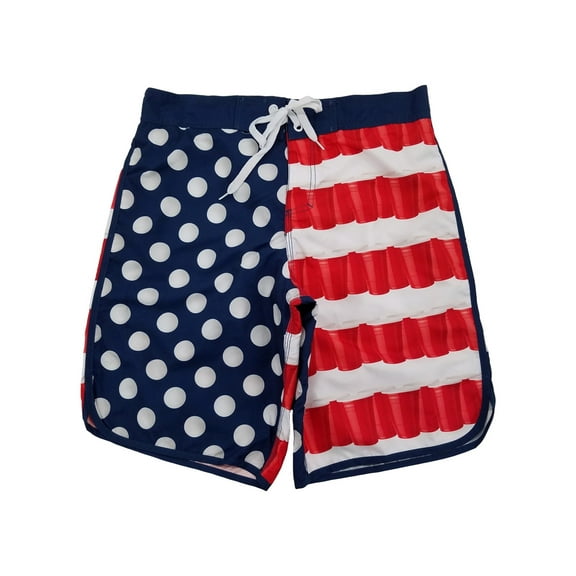 Mens Red White & Blue American Flag Red Solo Cup Board Shorts Swim Trunks S