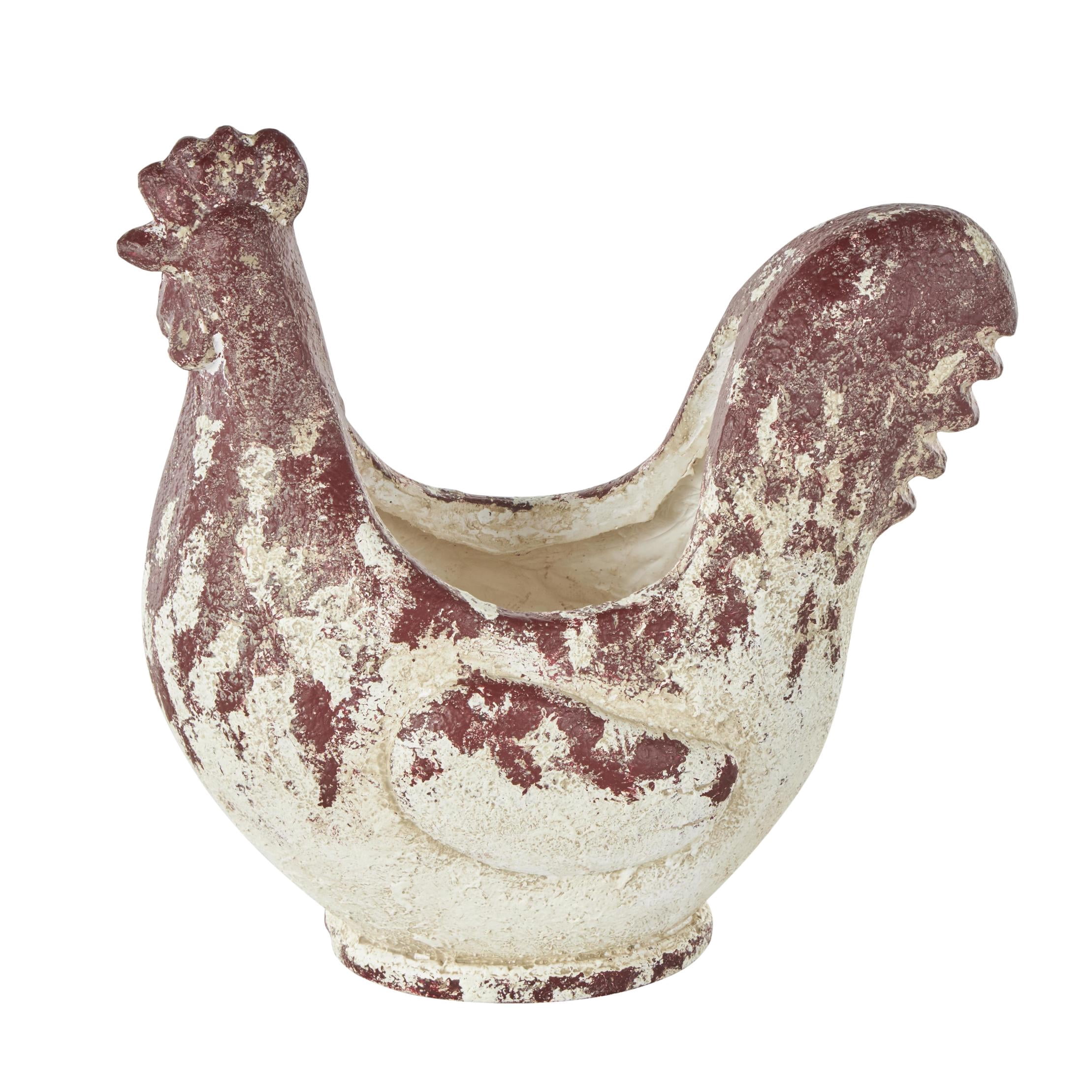 DecMode 14" x 14" White Magnesium Oxide Rooster Planter with Rust Colored Distressed Details