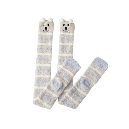 

wendunide Womwn Coral Socks Over The Knee Thicken Warm Sleeping Towel Striped Socks Grey