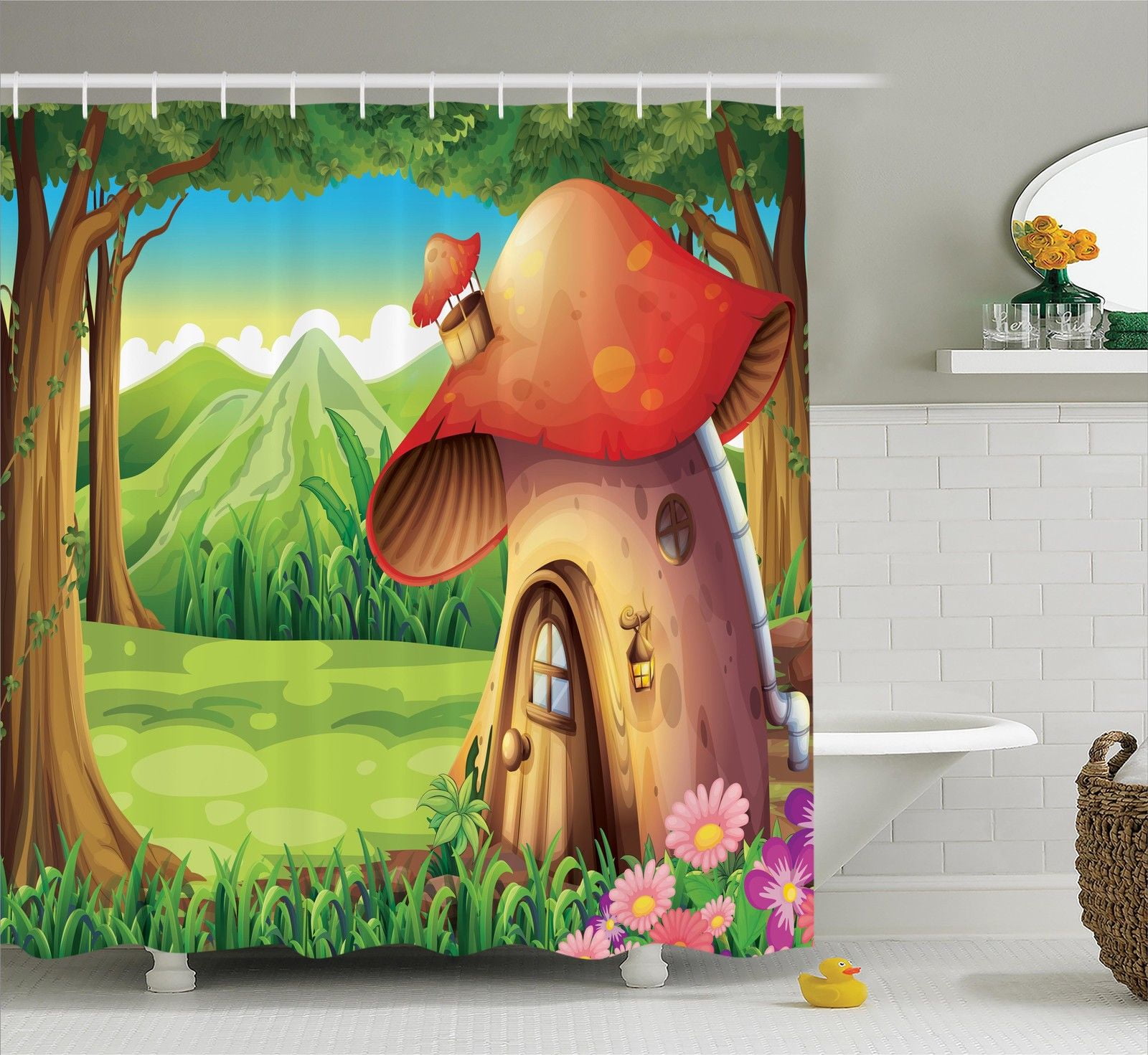 Mushroom Decor Shower Curtain Set, Frog Near The Mushroom House Animal ...