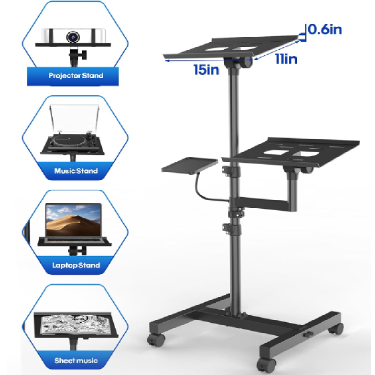 Projector and Laptop Stand Tripod, 2 Shelves Mobile Laptop Tripod Stand, Max 47" Height Adjustable Laptop Cart on Wheels, Projector Floor Stand with Ventilated Tray for Podium, Meeting, Couch
