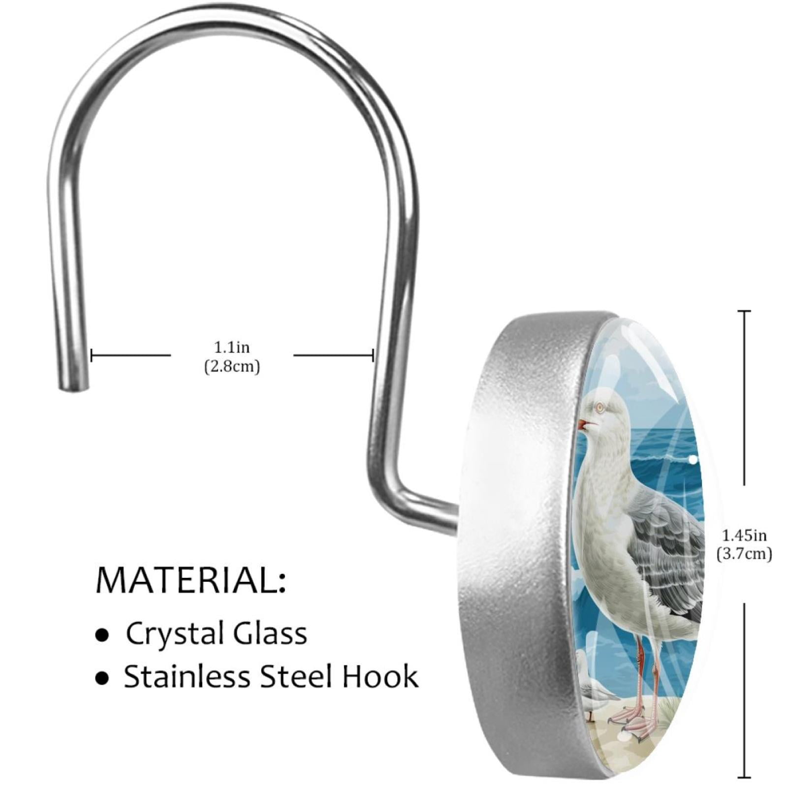Seagull Standing on Sea Wave Stone Shower Curtain Hooks Round Crystal Glass, Set of 12 Shower Curtain Rings - Shower Hooks for Curtain Shower Rings