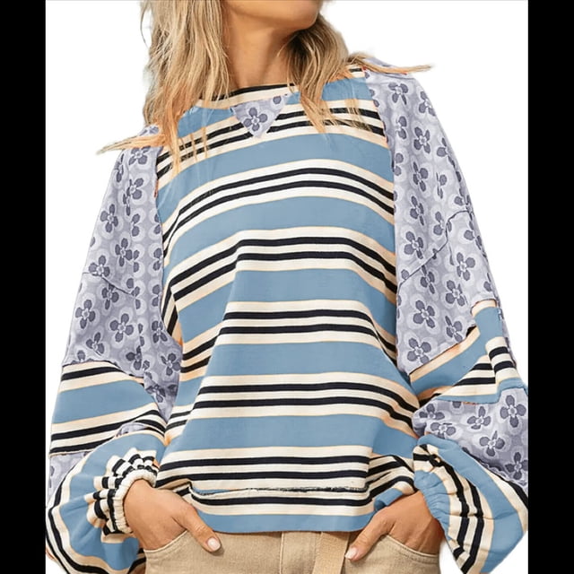 Sudadera con Cuello Redondo y Estampado Floral A Rayas con Bloques de Color para Mujer, Estilo Y2K Azul M
