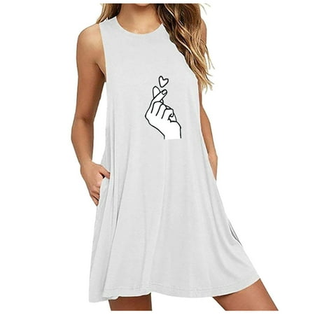 

Ichuanyi Woman Dress clearance Fashion Womens O-Neck Pocket Printing Sleeveless Casual Nightdress Dresses