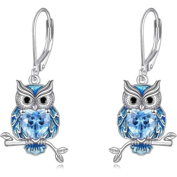 JUSORA Owl Earrings 925 Sterling Silver Owl Dangle Earrings Birthstone Animals Jewelry Gifts for Women Men