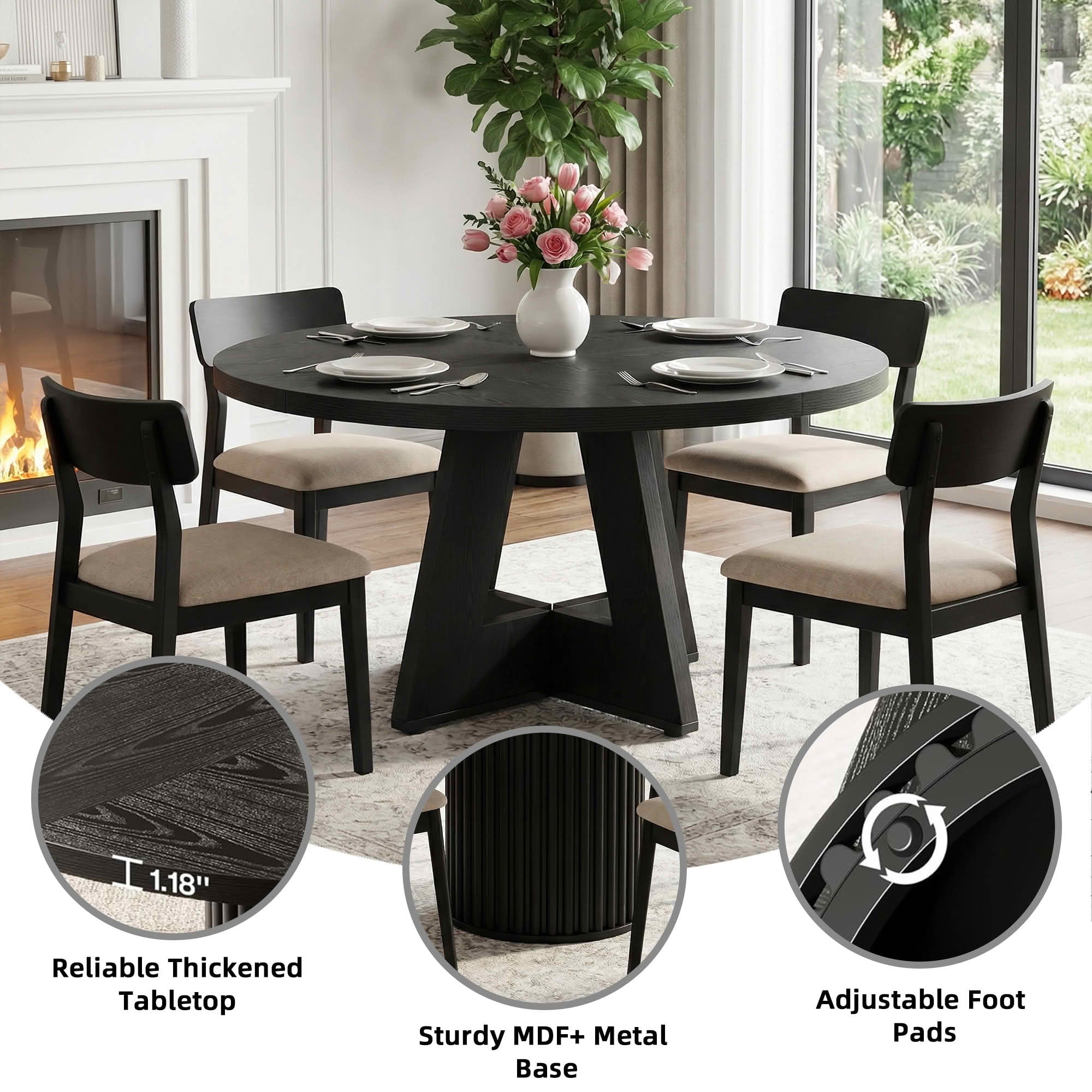 MAYEERTY 47 Inch Round Dining Table, Modern Wood Kitchen Table with Fluted Metal Base for 6 People