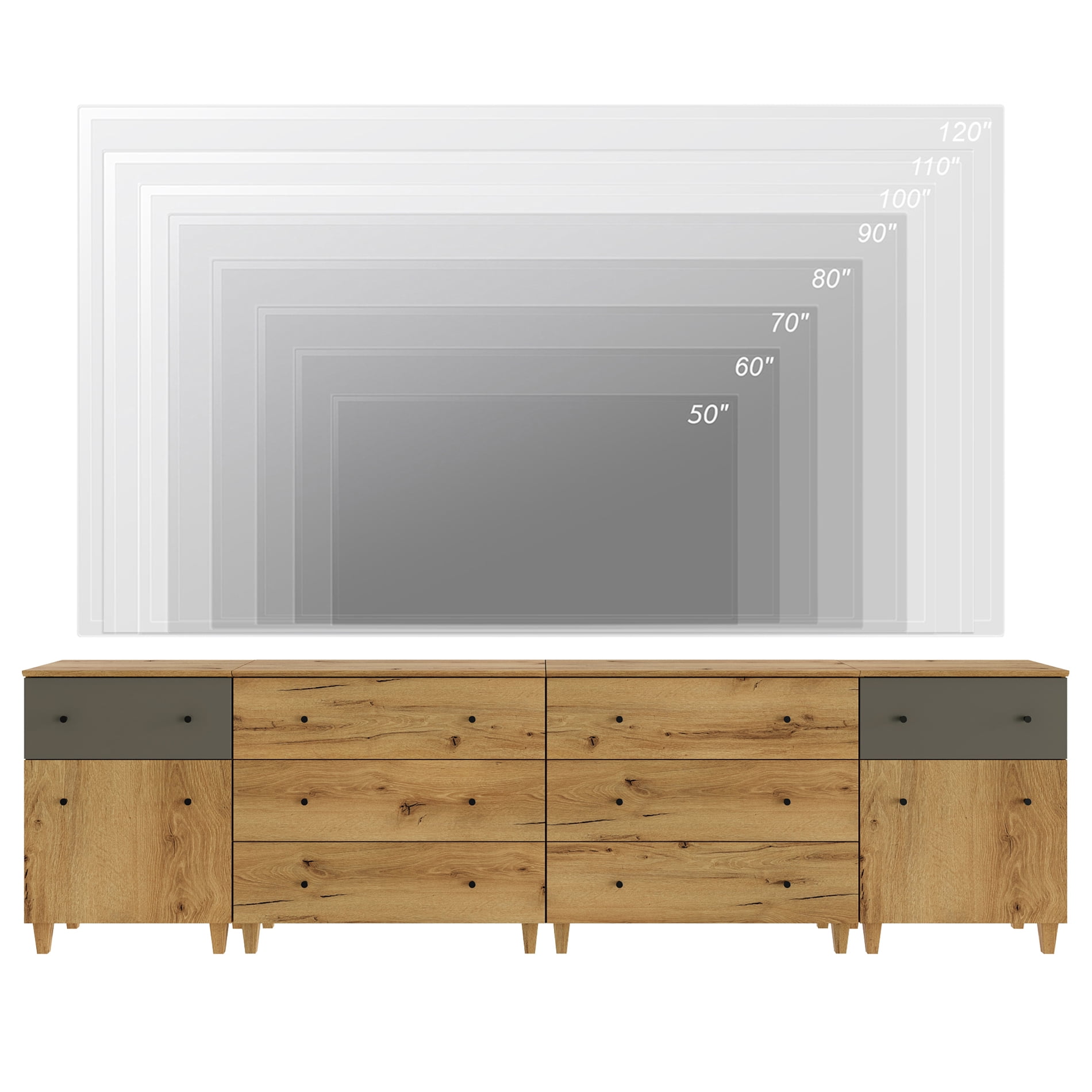 WAMPAT Wide Modern TV Stand for 110+ Inches TVs, 4-in-1 Large Wooden Media Console with 8 Spacious Drawers and 2 Storage Cabinets for Living Room, Oak Brown