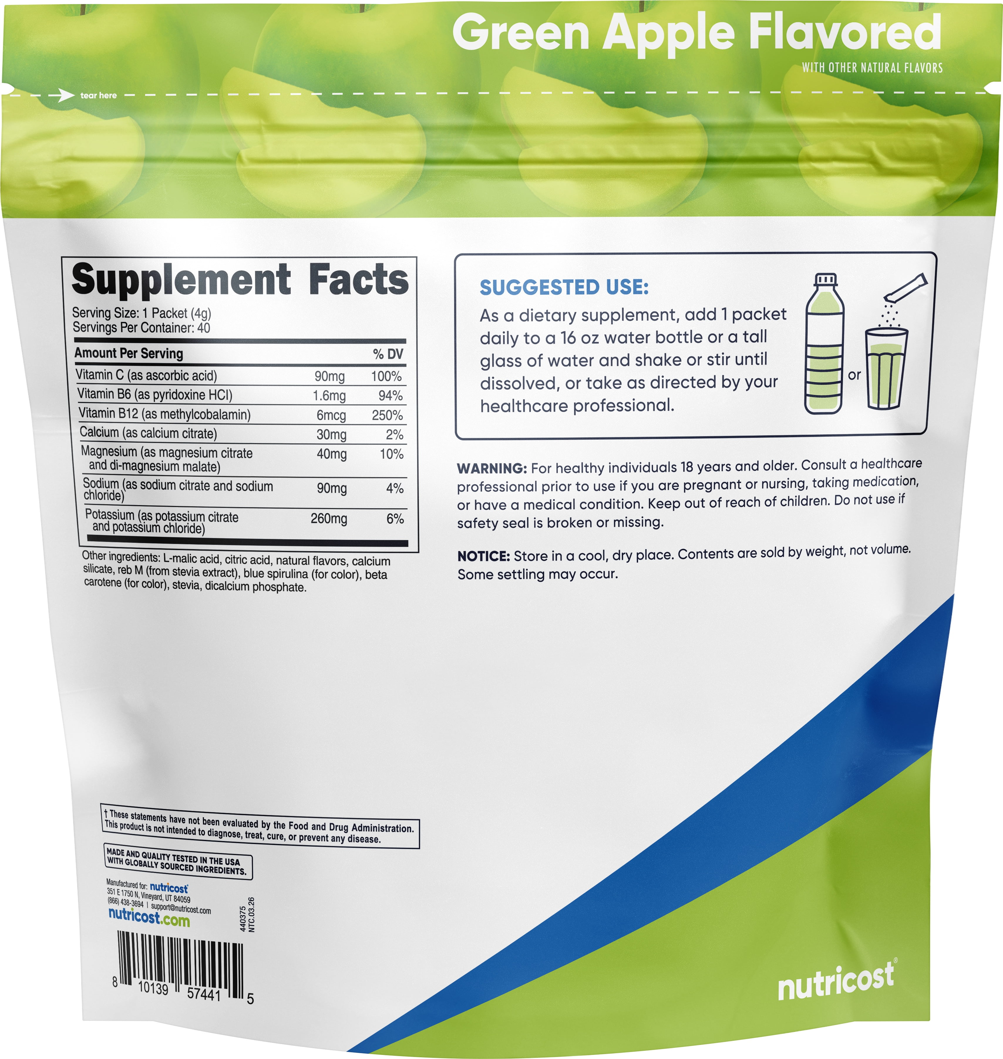 Nutricost Electrolytes Complex, Green Apple Flavored, 40 Stickpacks - Advanced Hydration Complex