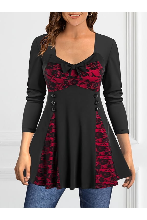 Plus Size Women's Black Red Lace Sweetheart Neck Blouse, Bow Detail Long Sleeve Flared Peplum Vintage Elegant Tunic Top