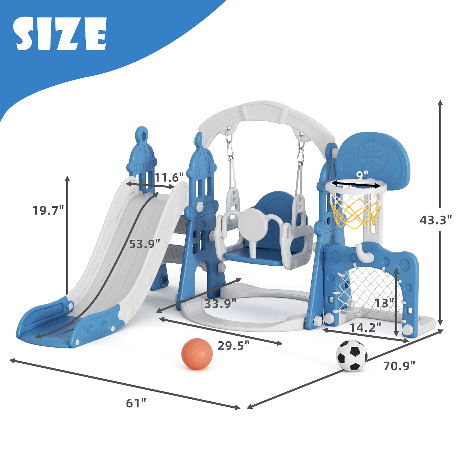 XJD 5 in 1 Kids Slide for Toddlers Age 1-3 Slide and Swing Set Climber for Children Baby Indoor Outdoor, Basketball Hoop, Football Gate, Playsets Playground Sets for Backyards, Blue