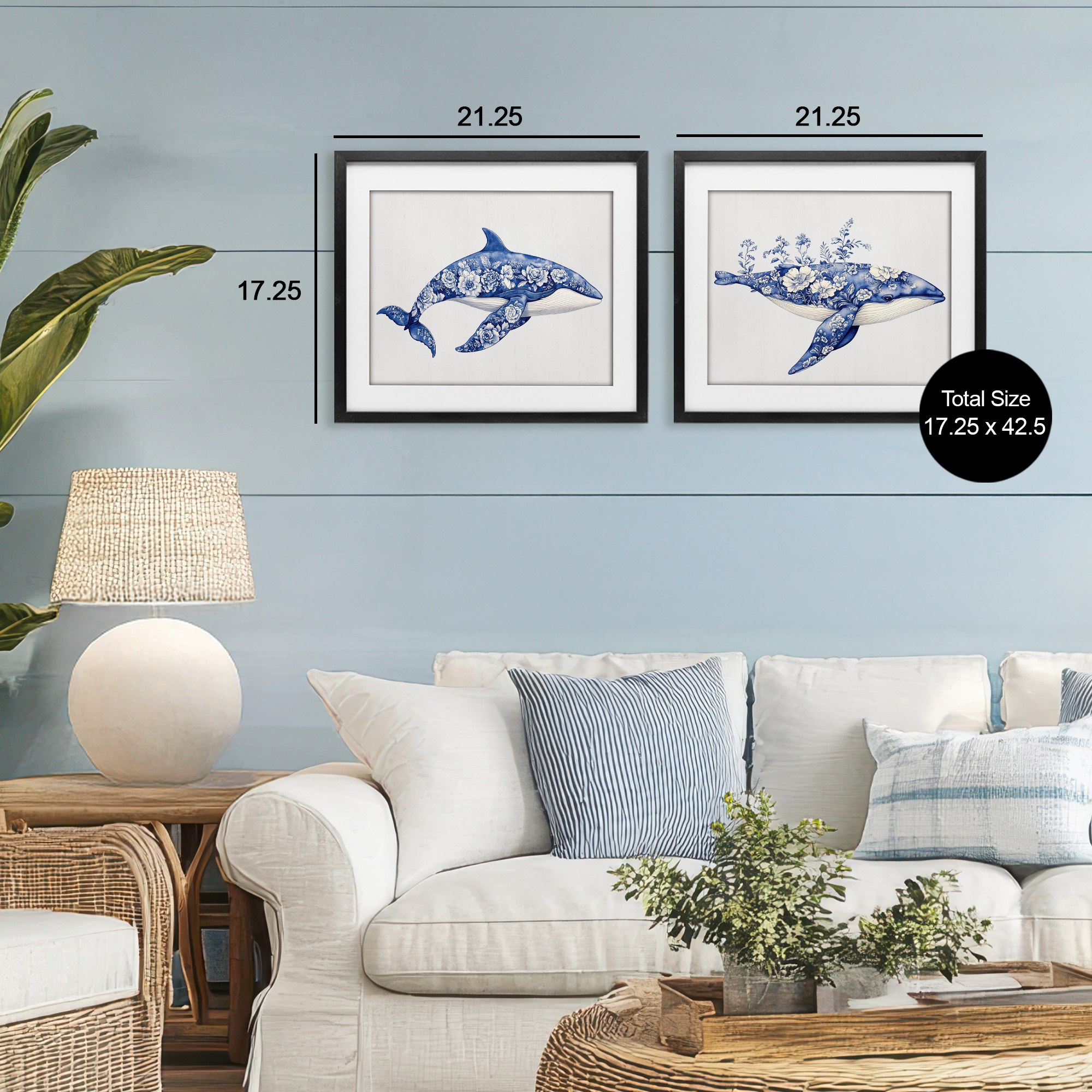 Blooming Toile Pattern Whales 2 Piece Black Framed Print Under Glass Set, design by Lettered and Lined