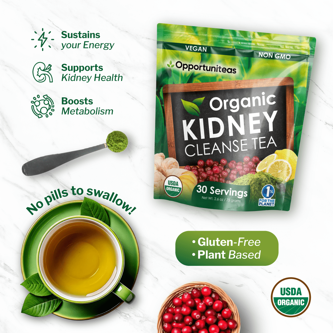 Opportuniteas Organic Kidney Cleanse Detox & Repair Tea - Matcha Green Tea, Cranberry, Lemon & Ginger. 4 Cleansing Superfoods For Drinks. Vegan & Non-GMO - 30 Servings