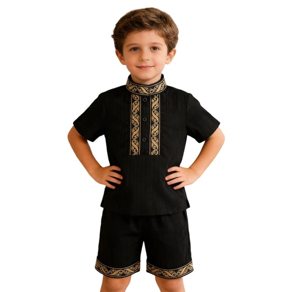CUZIBR Boys Teenage Outfits Short Sleeve Crewneck Solid Color Tradition National Embroidery Shirts Tops Blouse And Shorts Relaxed Robe Suit 2 Piece Clothes Sets Cozy Daily Wear,Black,5-6 Years
