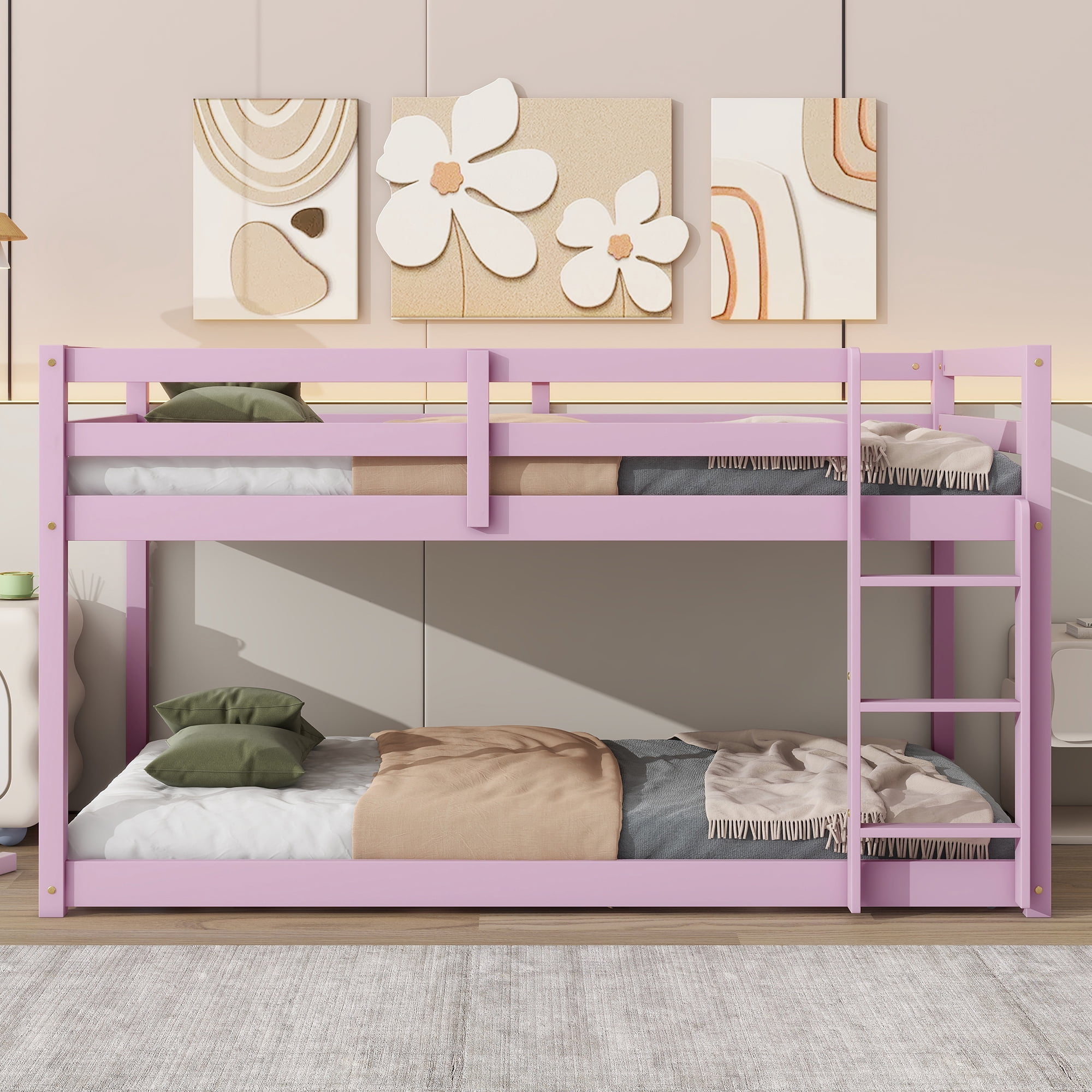Leumius Twin over Twin Floor Bunk Bed with Ladder ,Upper and Bottom Bed Platforms Crafted with Strengthened Slats for Boys Girls Pink