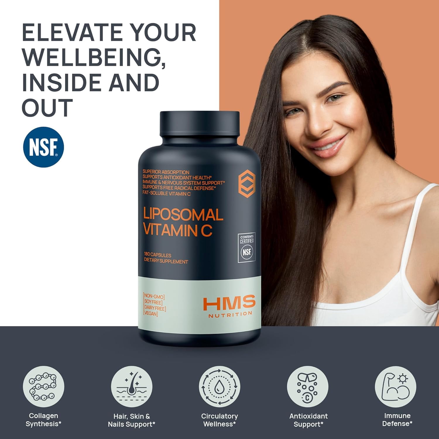 HMS Nutrition 1600mg Liposomal Vitamin C, High Absorption Immune Support, 180 Capsules, Non-GMO