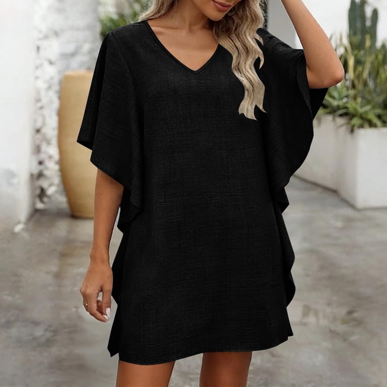 fall 2025 casual dresses Simplee Womens Eyelet Long Sleeve Mini Dress Spring V Neck Empire Waist Ruffle A Line Short Blue at Amazon Women's Clothing store love life Size:Dad L Kaiia - Bodycon Mini BAĞCIKLI