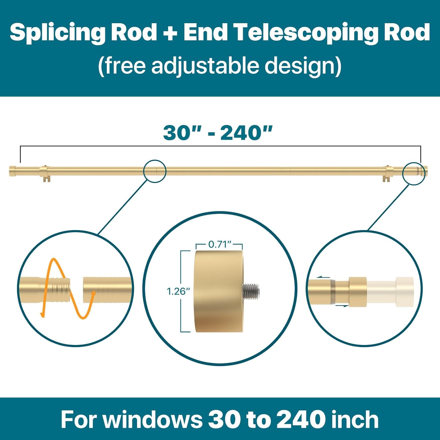 Gold Extra Long Curtain Rod 30 to 240 inch, Heavy Duty Curtain Rods for Windows with Modern End Caps, 1 inch Drapery Rods Set for Outdoor Patio, Adjustable Curtain Rod for Room, Gold