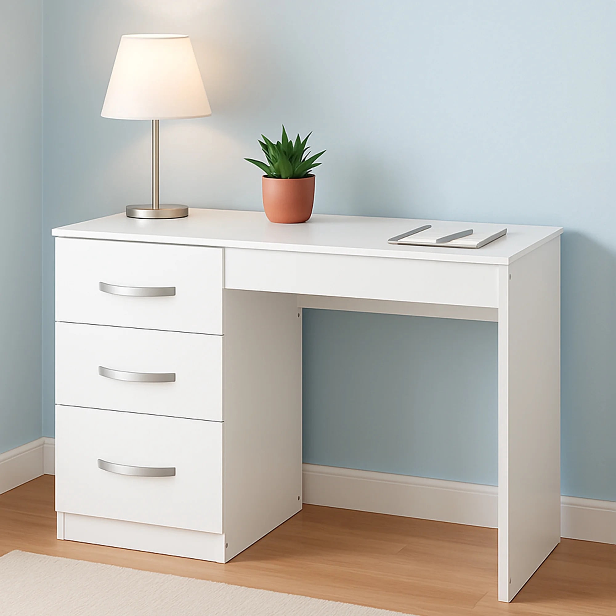 Leumius Wooden Desk with 3 Drawers,Home Office Bedroom Desk Study Writing Desk,White02