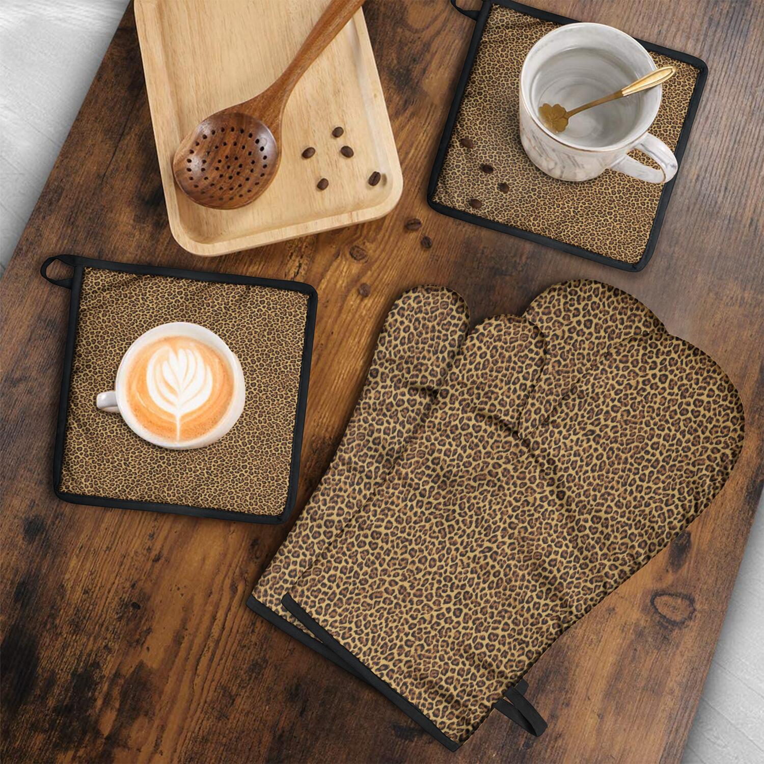 Leopard Print Oven Mitts and Pot Holders Set Of 4, Heat Resistant Kitchen Gloves with Non-Slip Grip, Hanging Loop, Soft Cotton Lining for Baking, Cooking, Grilling, Barbecue