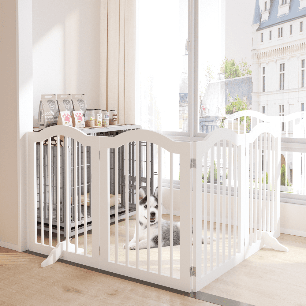 27.6" Height Tall Freestanding Pet Gate,4 Panels Foldable Dog Gate,Solid Wood Folding Safety Fence Wooden Dog Gate with 2 pcs Support Feet Ideal for Stairs,Doorways,Halls,Kitchens,Heavy Duty Gat