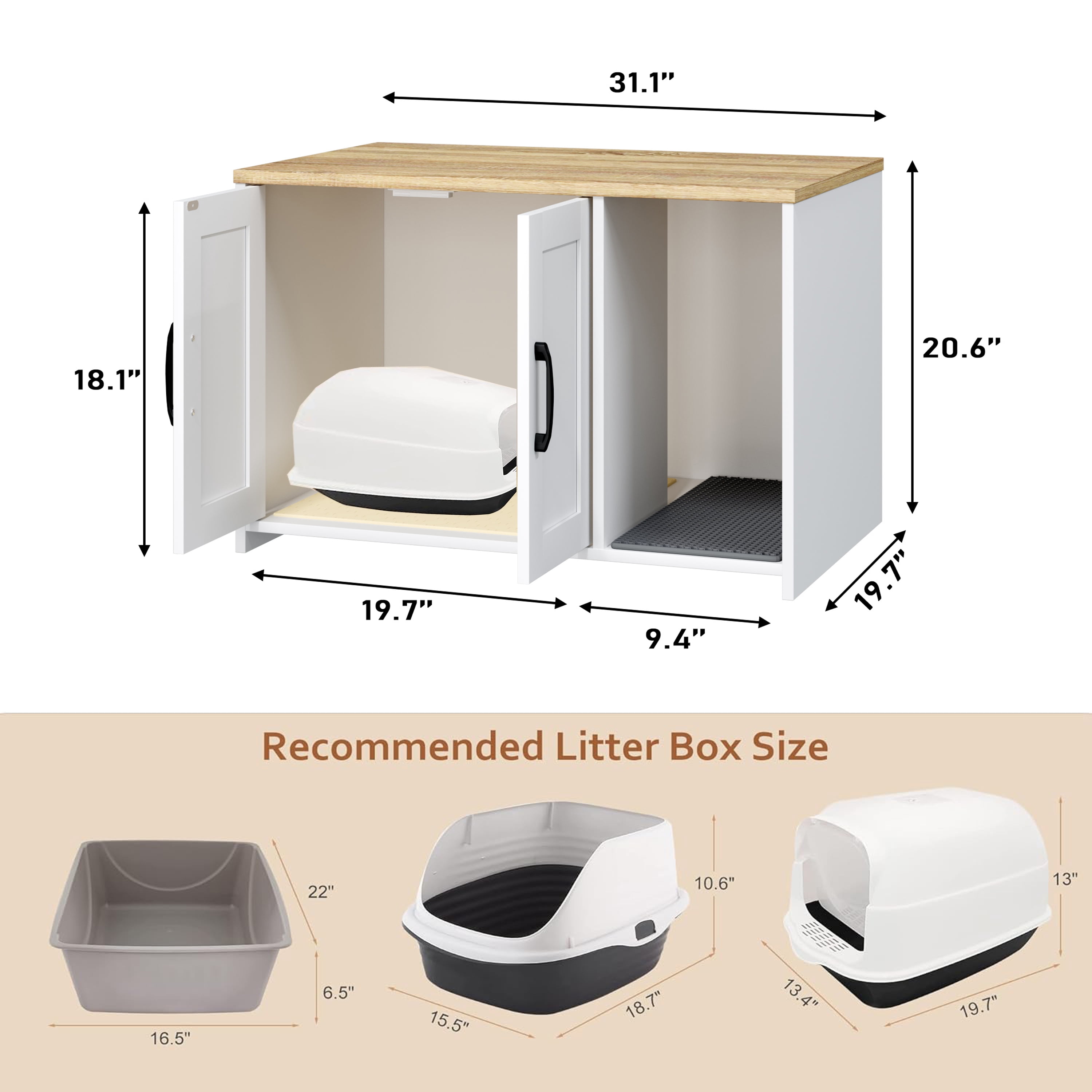 Cat Litter Box Enclosure, Hidden Litter Box Furniture with Divider, Indoor Cat House, Wooden pet House Side Table, for Living Room, Bedroom,White
