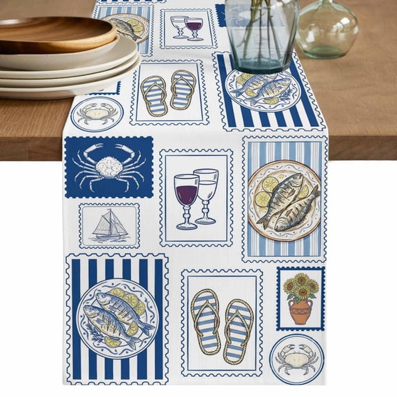 Summer Ocean Table Runner 72 Inches, Nautical Coastal Fish Food Wine Crab Navy Blue Bed Runner Dresser Scarves Tabletop for Indoor Outdoor Parties/Ceremony/Banquet, 14" x 72"