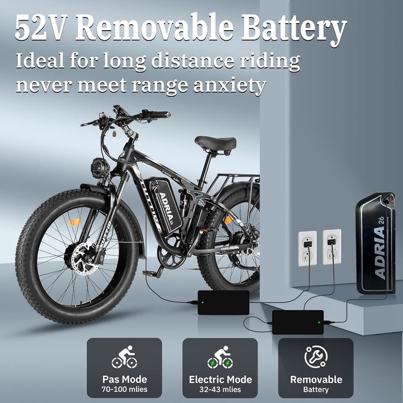 TUTTIO ADRIA26 Electric Bike for Adults, Removable 52V 25Ah Long Range Battery, Up to 100 Miles, 26” Fat Tire All-Terrain E-Bike for Mountain & Snow Riding, UL 2849